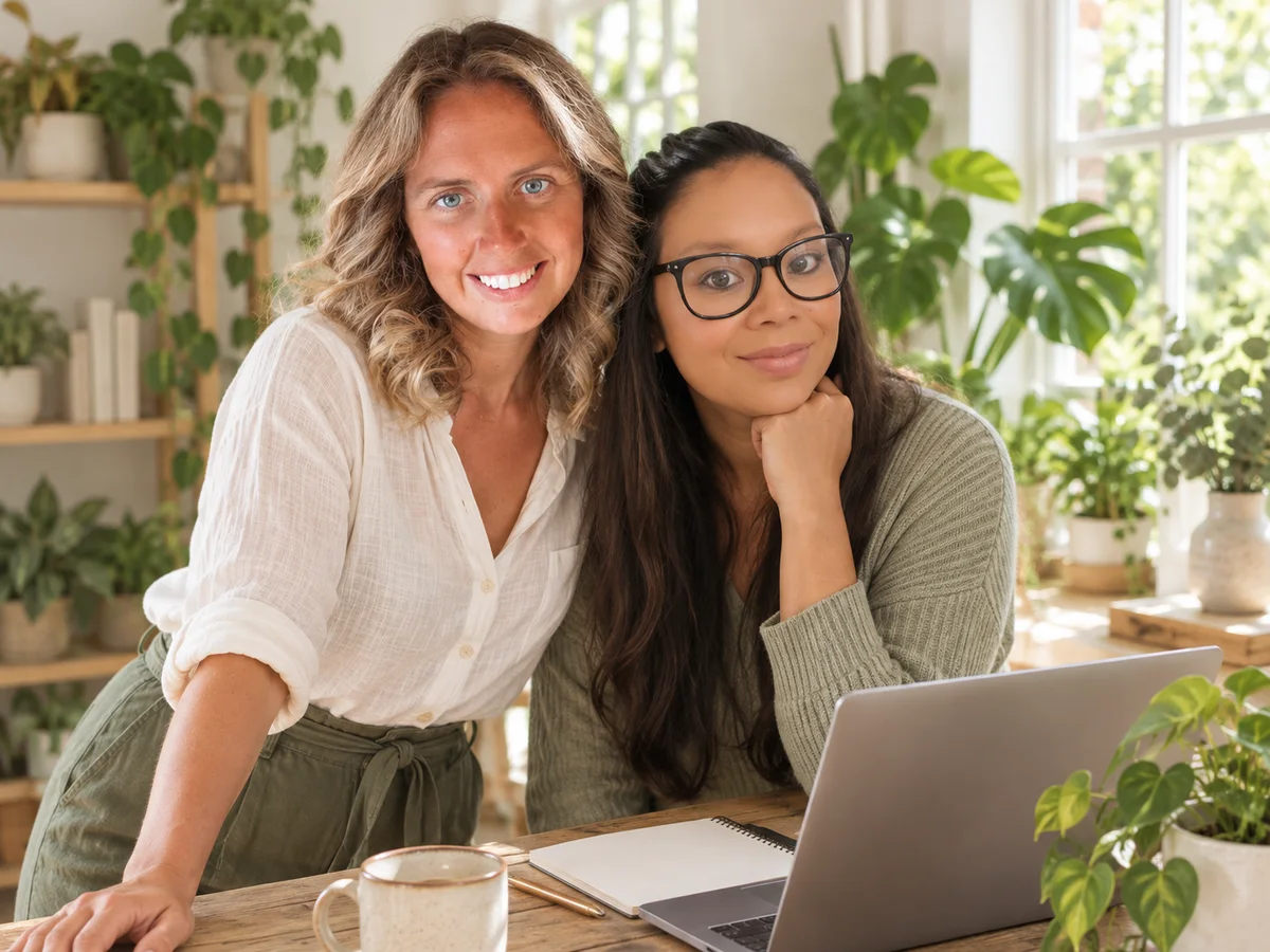 Sarah and Victoria together in their plant-filled workspace