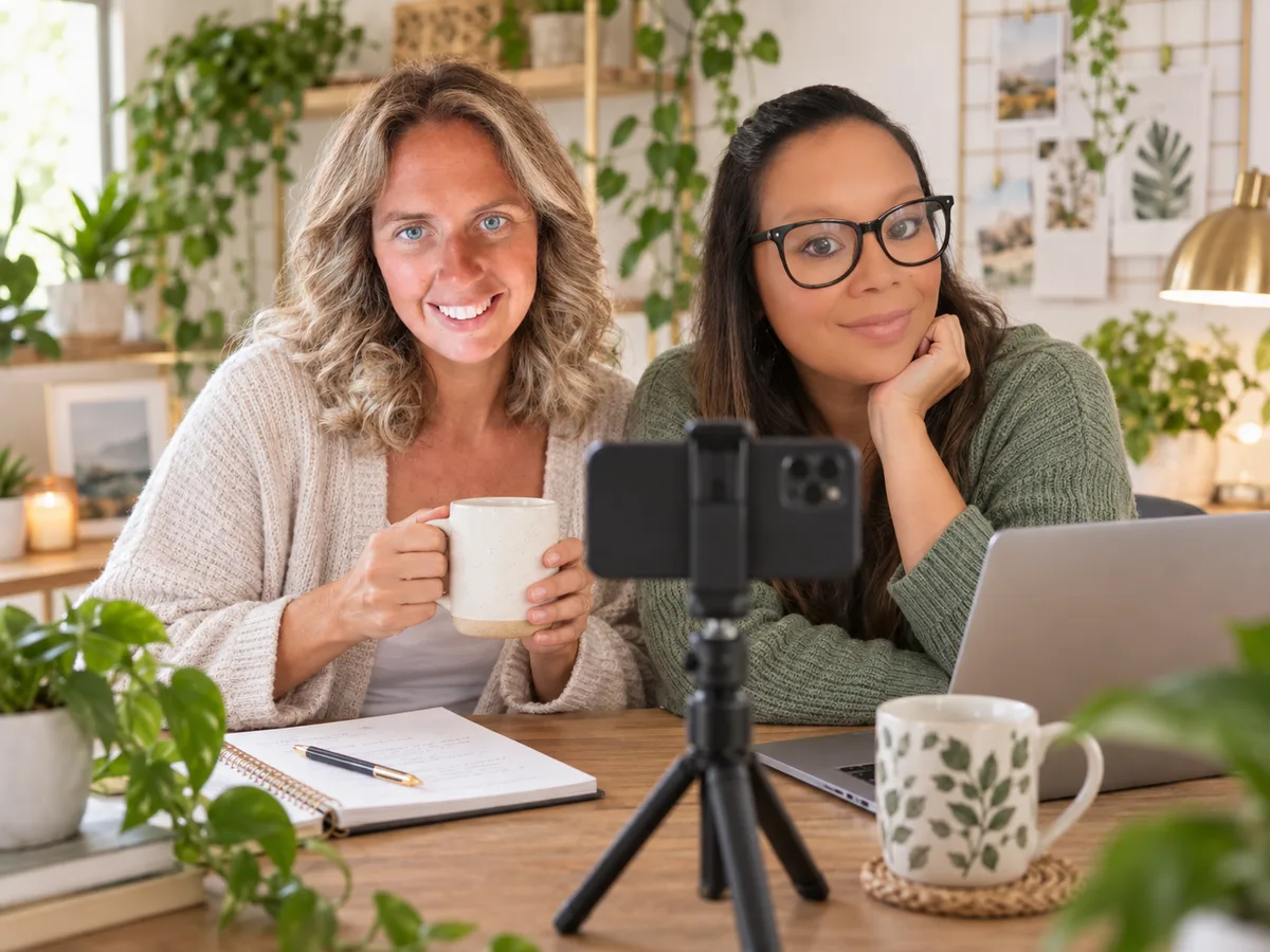 Sarah and Victoria creating content together in their home studio