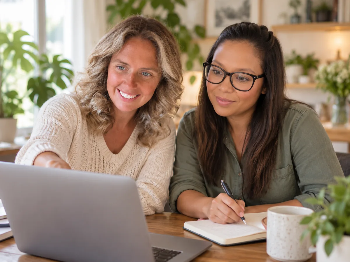Sarah and Victoria planning together at a laptop